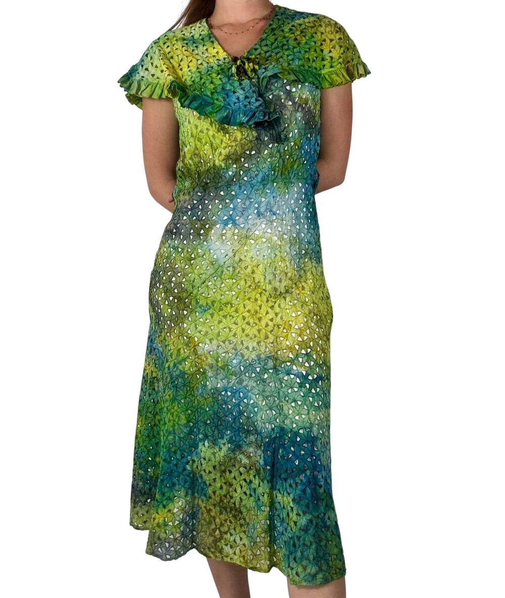 Antique 1940s Hand Dyed Cotton Eyelet Dress Blue Green Ice Dye Ruffle Rosettes